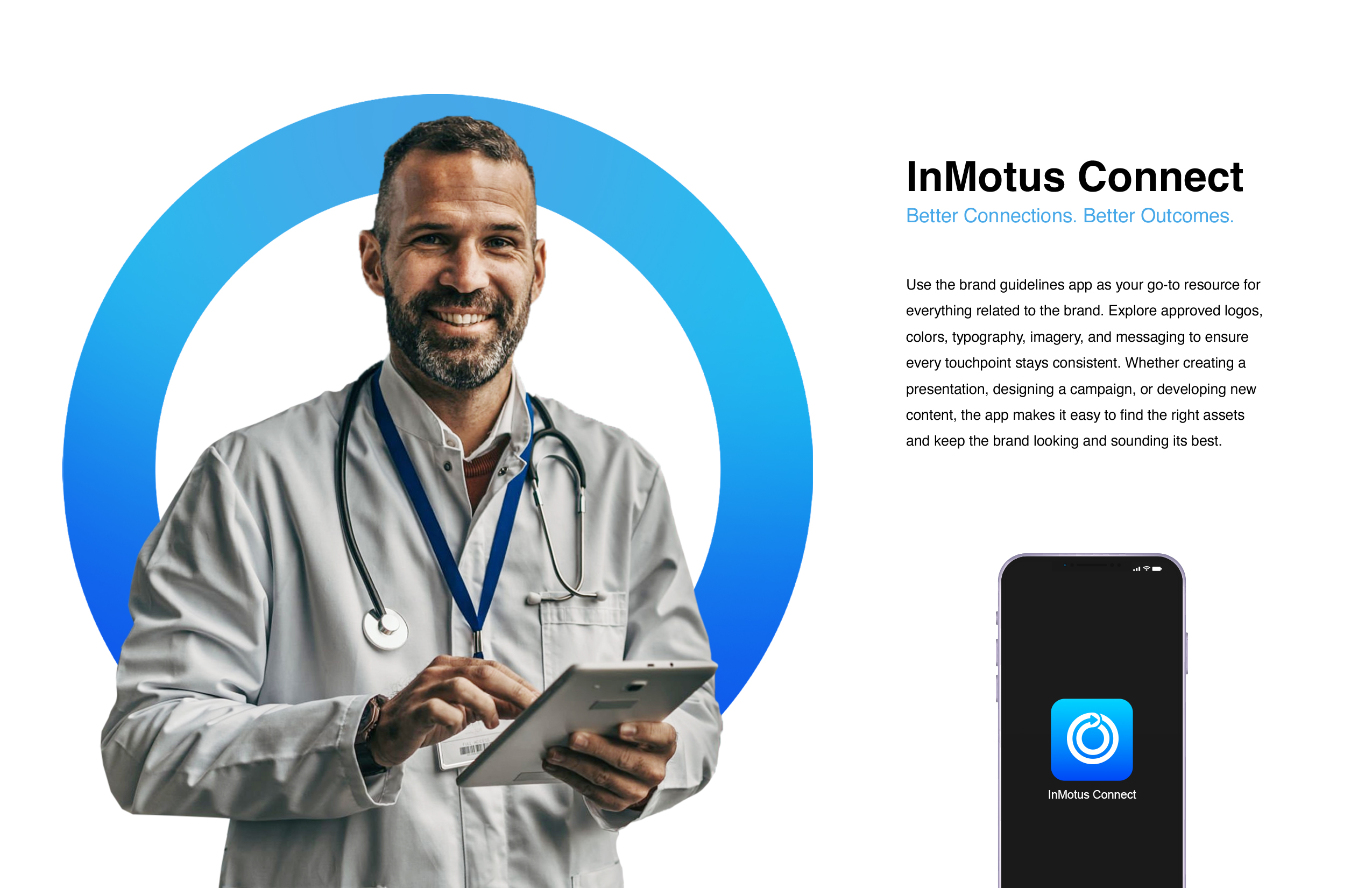 InMotus Connect brand guidelines page showing photography with a doctor and the mobile app