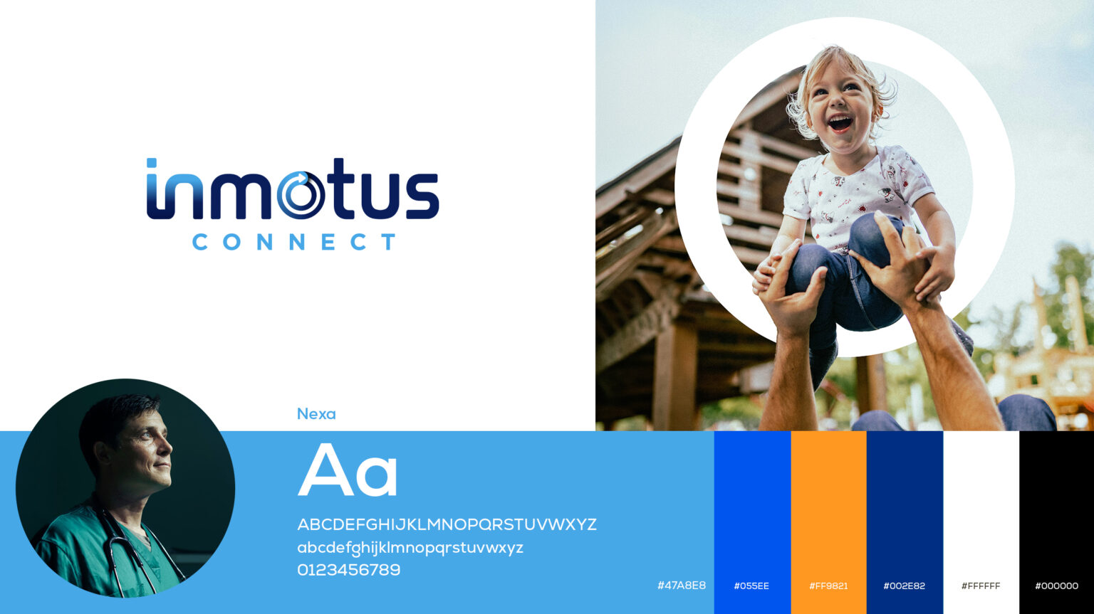 InMotus Connect brand overview page with logo, typography, photography and color palette