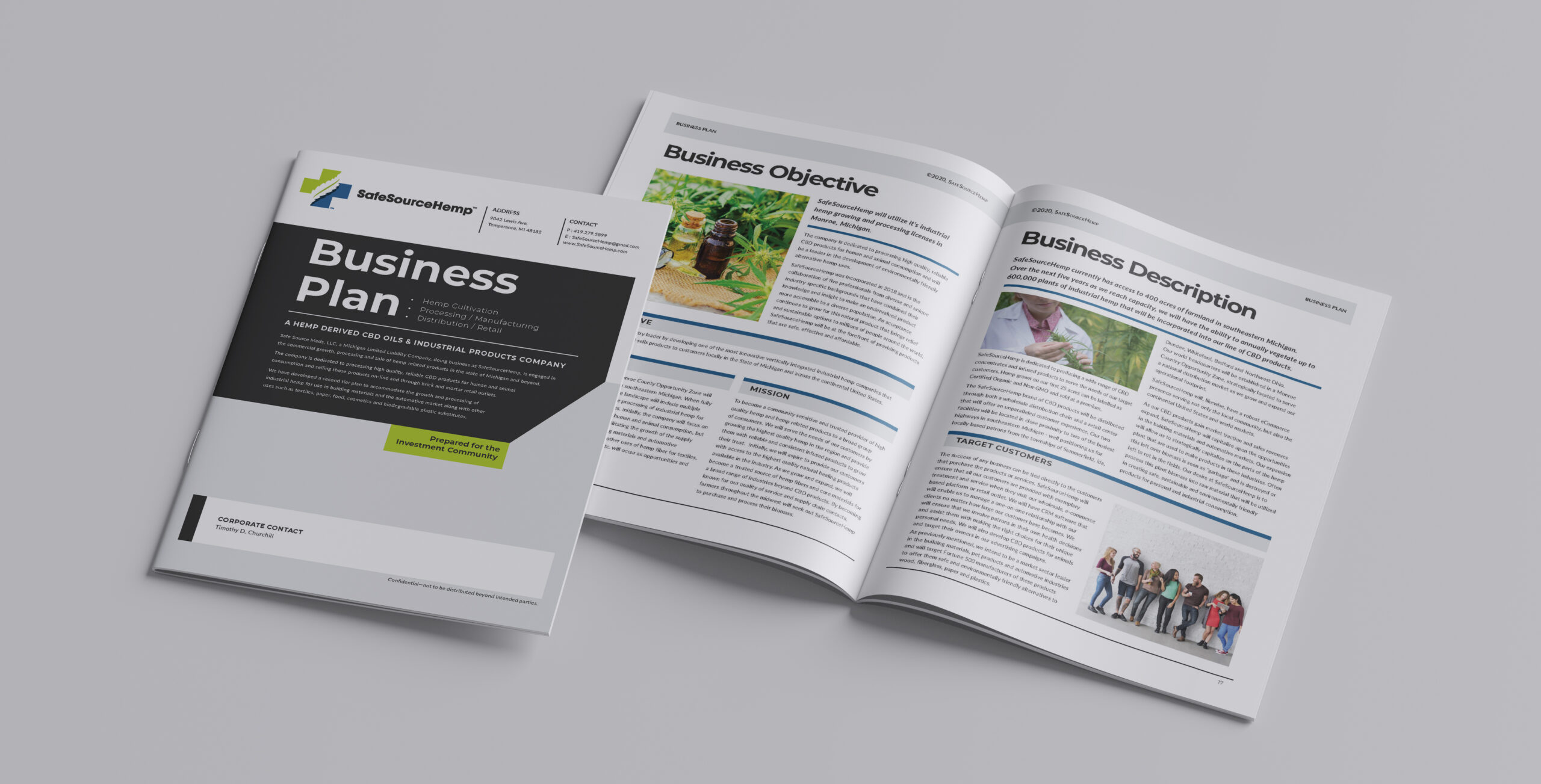 Safe Source Hemp investor business plan, cover and inside spread