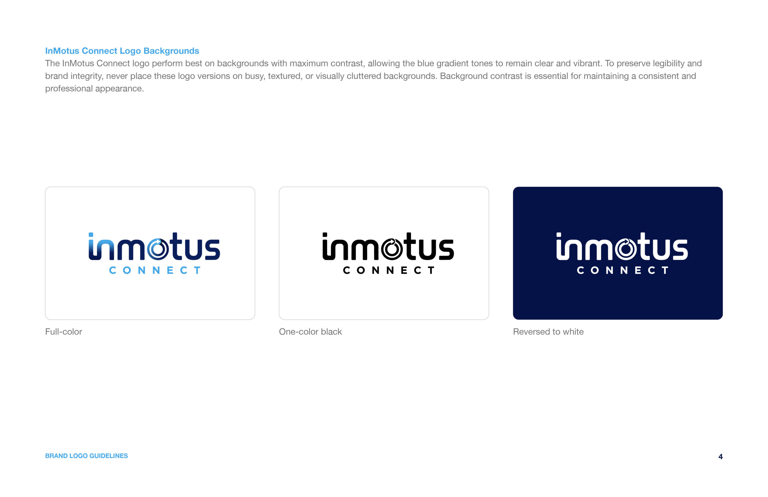 InMotus Connect brand guidelines page showing the logo on light and dark backgrounds