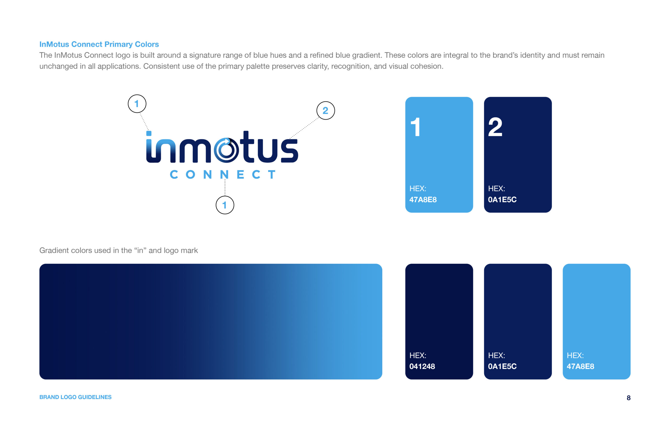 InMotus Connect brand guidelines page showing the color palette