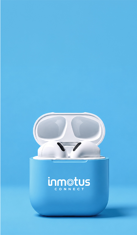 Blue InMotus Connect branded earbuds case