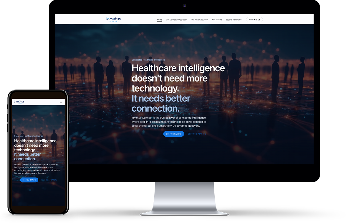 InMotus Connect website shown on a desktop monitor and a phone