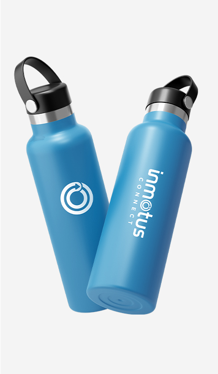 Two blue InMotus Connect branded water bottles