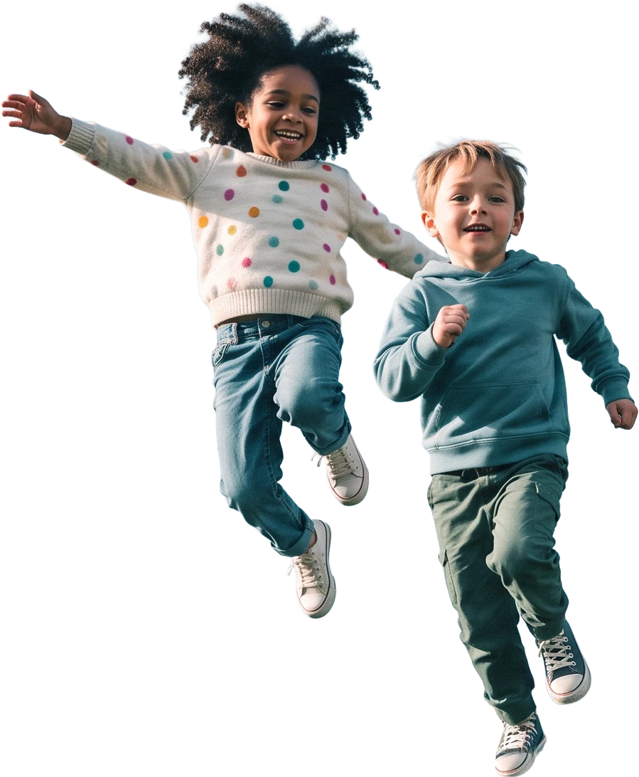 Two kids jumping in a backyard