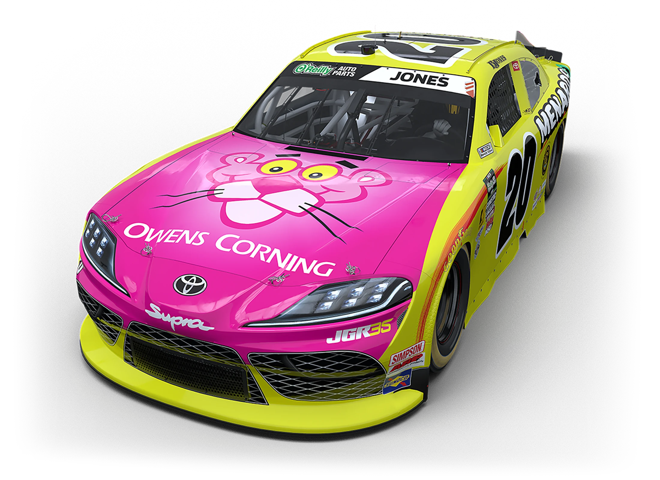 The #20 Owens Corning Toyota Supra with the Pink Panther on the hood