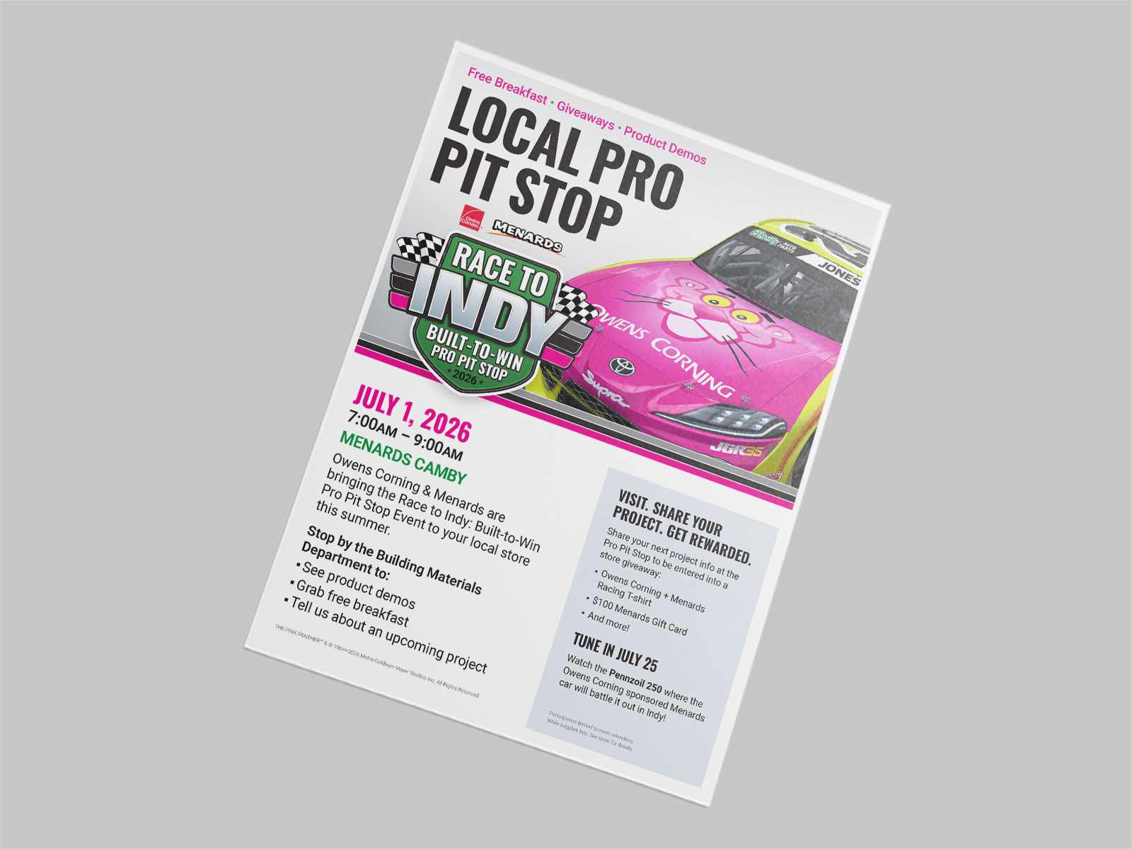 Owens Corning Built-to-Win Pro Pit Stop signage at Menards