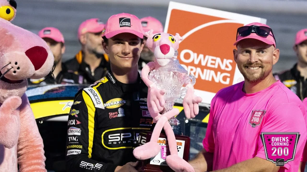 Owens Corning 200 winners celebrating with the Pink Panther